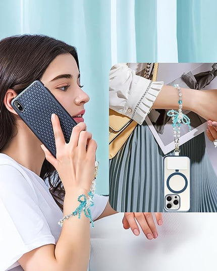 Marble Beaded Phone Wrist Strap,Detachable Phone Bracelet Strap with Tether Tab,Hands-Free Wristlet Strap (Blue & White)