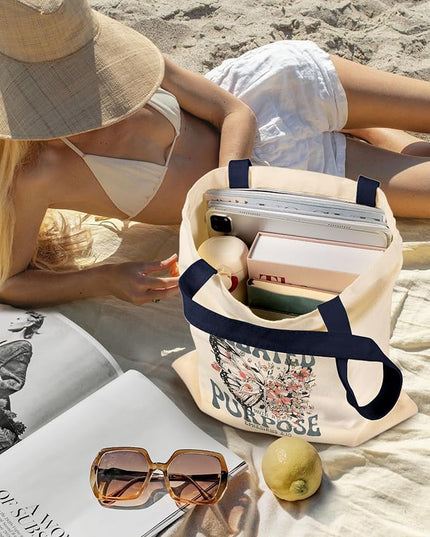 Aesthetic Canvas Tote Bag for Women - Sturdy Cloth Cotton Totes Bag with Pattern Shoulder Bag