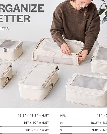 Aerotrunk Compression Packing Cubes for Travel - Luggage Organizer Bags - Double Zipper Packing Cubes for Suitcases (6-Pack, Beige)