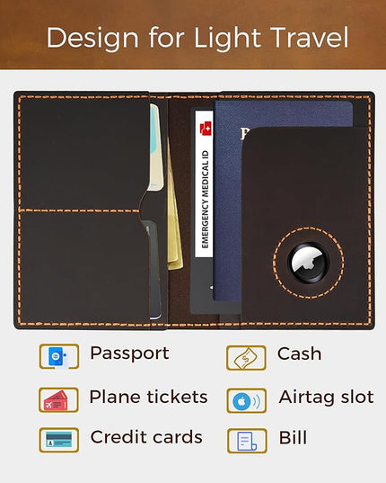 Passport Holder for Travel, Full Grain Leather Passport Holder with Airtag, Rfid Passport Cover Wallet Case for Men Women, Travel Essentials Gift, Coffee Brown