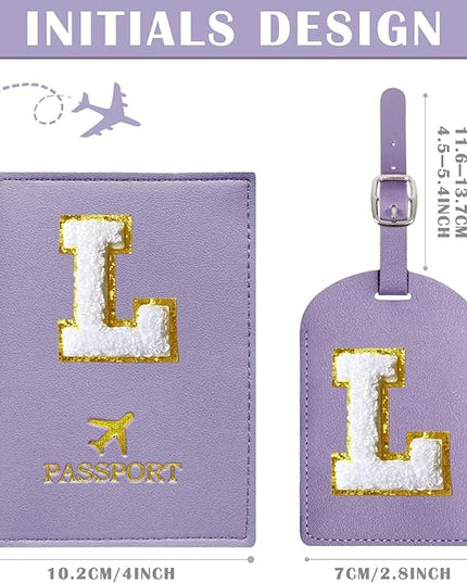 COSHAYSOO Purple Passport Cover and Luggage Tag Set TSA Approved with Her Initial Chenille Letter Patch, Fashionable Travel Bag Backpack Suitcase Identifier Gifts for Granddaughter Grandma Mother (L)