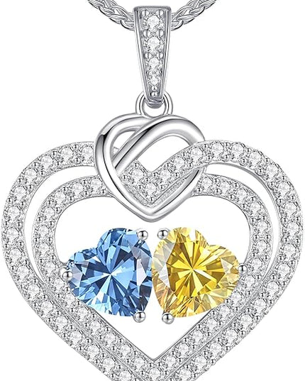 LOUISA SECRET Sparkling Double Heart Birthstone Necklaces for Women, 925 Sterling Silver Fine Jewelry, Pendant Heart Necklaces Birthday Anniversary Christmas Gift for Women Wife Mom Girlfriend Lady