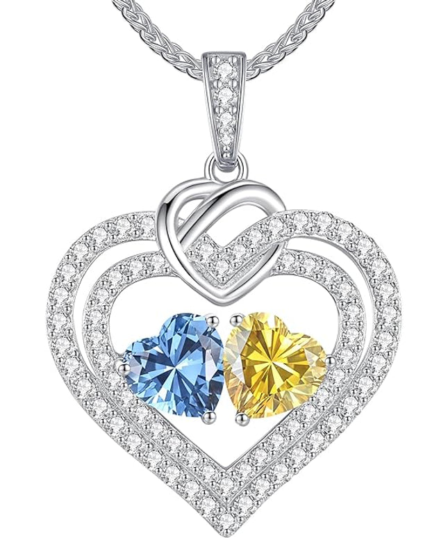 LOUISA SECRET Sparkling Double Heart Birthstone Necklaces for Women, 925 Sterling Silver Fine Jewelry, Pendant Heart Necklaces Birthday Anniversary Christmas Gift for Women Wife Mom Girlfriend Lady