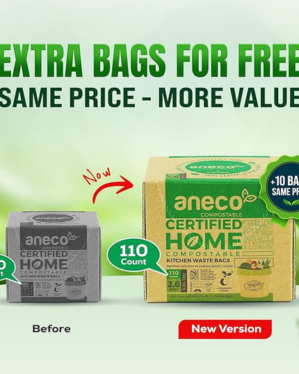 (Include 10 Bonus Bags) ANECO 100% Compostable Waste Bags 2.6 Gallon, Extra Thick Kitchen Small Compost Bags for Countertop Bin, 110 Count (100 + 10 Extra)