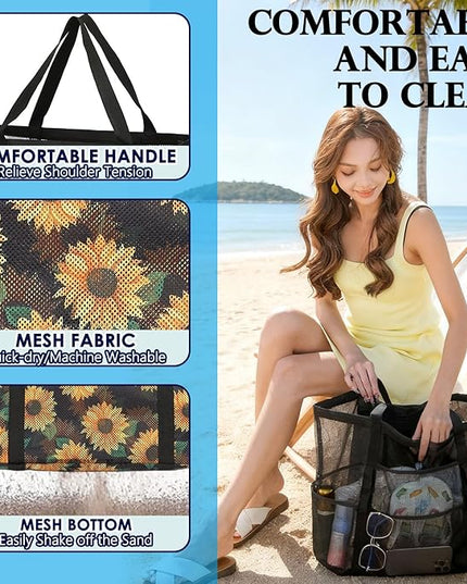 Mesh Beach Bag, Large Beach Tote with Zipper Pocket, Toys Pool Bag for Family Travel Vacation Cruise Essentials