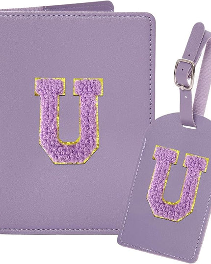 ULICO Initial Passport Cover and Luggage Tag Set,PU Leather Letter Passport Case Holder Travel Suitcase Tag, Personalized Travel Luggage Accessories Gifts for Women Kids Teenage Purple U
