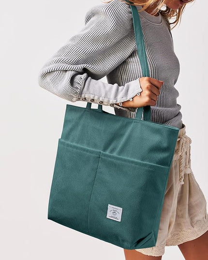 KALIDI Women Corduroy Tote Bag Zipper Casual Tote's Handbag Big Capacity Shoulder Bag with Pockets