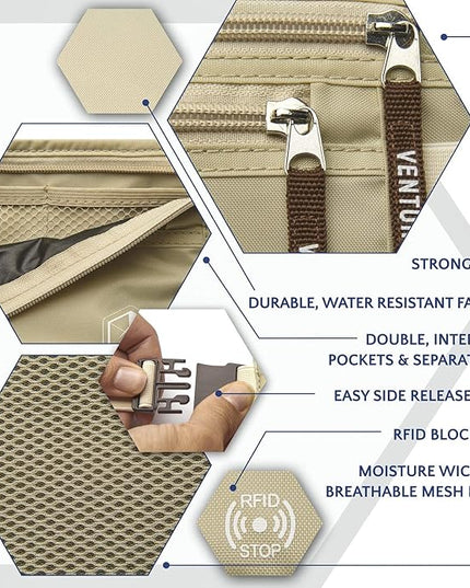 VENTURE 4TH Money Belt for Travel – Hidden Under-Clothes RFID Blocking Passport Holder & Slim Travel Wallet Pouch for Men & Women to Protect Cash, Cards & Documents (Beige)