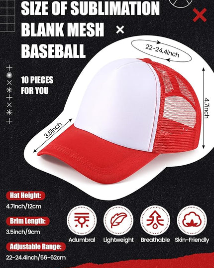 10 Pcs Sublimation Blank Trucker Hats Bulk Mesh Baseball Cap Polyester Mesh Trucker Hat for Men and Women