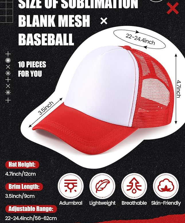 10 Pcs Sublimation Blank Trucker Hats Bulk Mesh Baseball Cap Polyester Mesh Trucker Hat for Men and Women