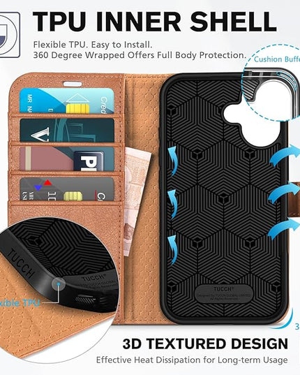TUCCH Case for iPhone 16 Case Wallet, [TPU Shockproof Inner Shell], Kickstand PU Leather [RFID Blocking] 4 Card Holder Magnetic Stand Protective Cover Compatible with iPhone 16 5G, Light Brown