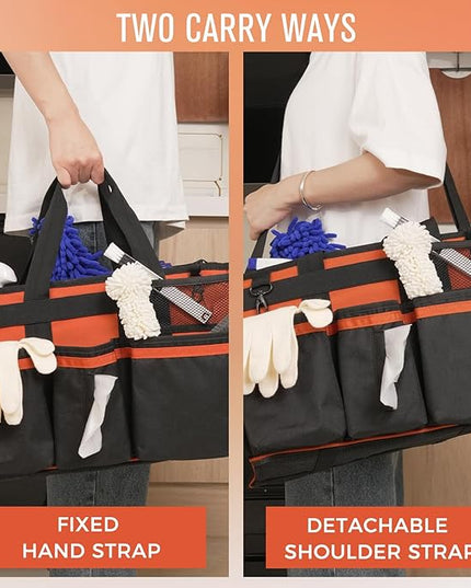 Wearable Cleaning Caddy, Cleaning Caddy Supplies Organizer with Handle & Shoulder Straps for Housekeepers, Under Sink & Car Cleaning Tool Organizers Bag with 4 Foldable Divider (RetroOrange)