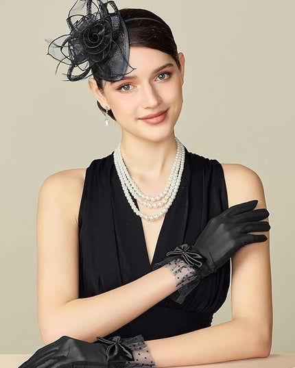 BABEYOND Lace Gloves for Women - Bow Short Prom Gloves Evening Elegant Accessories for Wedding Opera Party