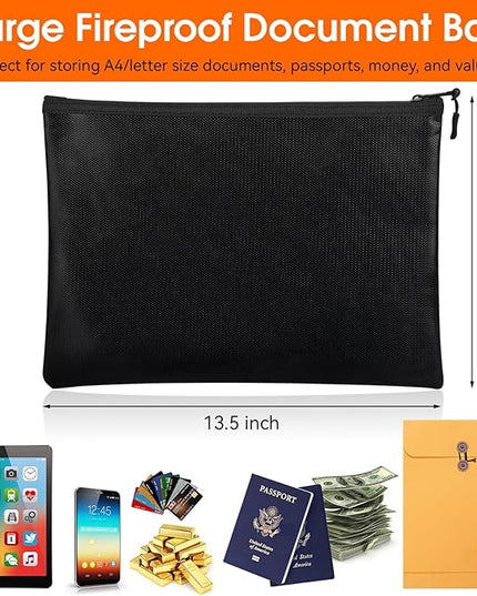 Fireproof Document Bag (10"x13.5"), Waterproof Holder with Zipper for Passport, Important Papers, Cash, Money and Valuables, Secure Storage Organizer for Travel, Home, Office