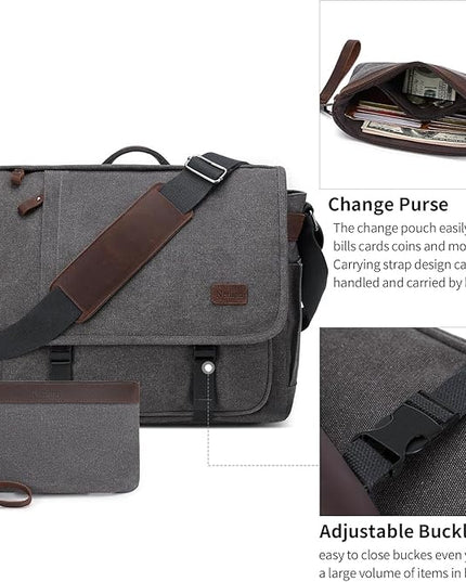 Nerlion Messenger Bag for Men 17-17.3 Inch Laptop Bag Canvas Water-resistant Computer Bag Shoulder Bag Work Briefcase Bookbag for College (Gray)