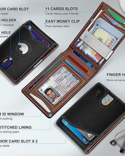 miyozi Airtag Wallet for Men,with Money Clip 11 Cards Slim Front Pocket Leather RFID Blocking Wallet with Gift Box
