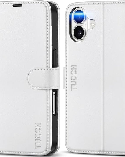TUCCH Compatible with iPhone 16 Wallet Case, RFID Blocking 4 Card Holder Kickstand [Shockproof TPU Interior Shell], PU Leather Magnetic Closure Protective Flip Phone Cover, White