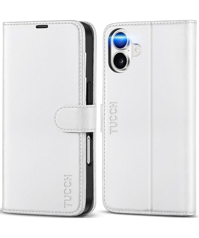 TUCCH Compatible with iPhone 16 Wallet Case, RFID Blocking 4 Card Holder Kickstand [Shockproof TPU Interior Shell], PU Leather Magnetic Closure Protective Flip Phone Cover, White