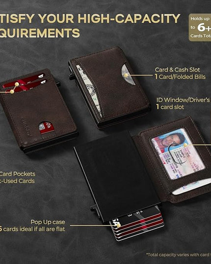 RUNBOX Slim Card Wallet for Men with ID Window – Minimalist RFID Wallet, Pop-Up Function, Ultra Thin Design, Metal Business Card Case Holds 8+ Cards, Gifts for Men, Men's Accessories