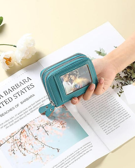 RNIEGA Credit Card Holder Wallet RFID Blocking Leather Small Wallet for Women Double Zipper Wallet with ID Window