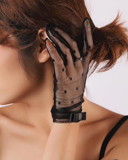 Sacina Goth Black Mesh Lace Bow Gloves, Gothic Y2k Lolita Vintage Costume Accessories