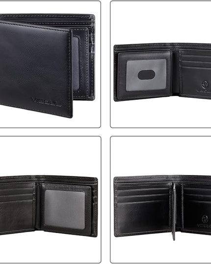 VISOUL Leather Mens Bifold RFID Blocking Wallet with 2 ID Windows, Leather Wallet for Men (Leather, Black)