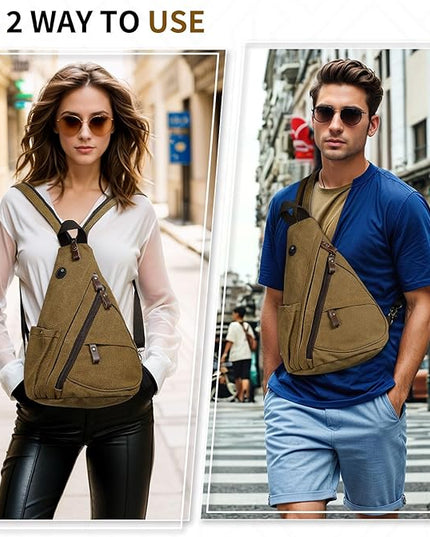 Vintage Canvas Sling Bag with Genuine Leather Zipper, 3 in 1 Crossbody, Backpack, and Chest Bag, for Travel, Hiking, 16x10x6 Inches, Coffee