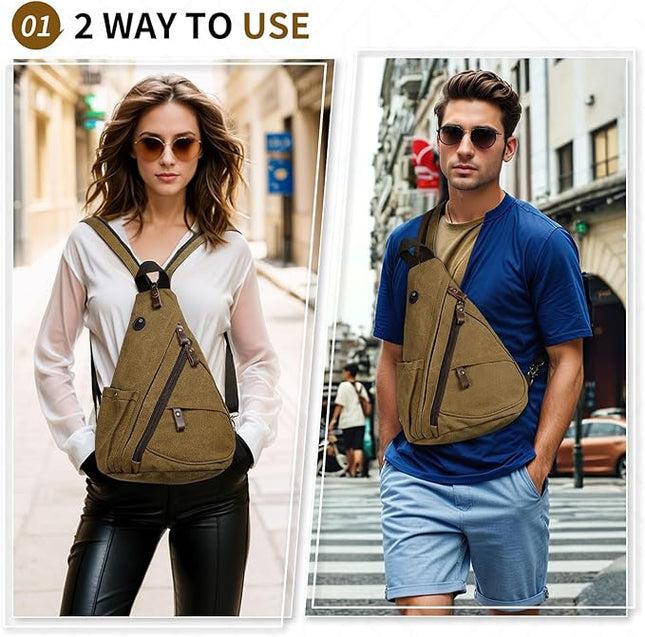 Vintage Canvas Sling Bag with Genuine Leather Zipper, 3 in 1 Crossbody, Backpack, and Chest Bag, for Travel, Hiking, 16x10x6 Inches, Coffee