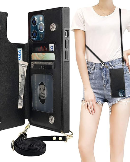 Bocasal Crossbody Wallet Case for iPhone 12 Pro Max with Card Holder,Zipper Card Slot Protector Shockproof Purse Cover with Removable Cross Body Strap 6.7 Inch(Black)
