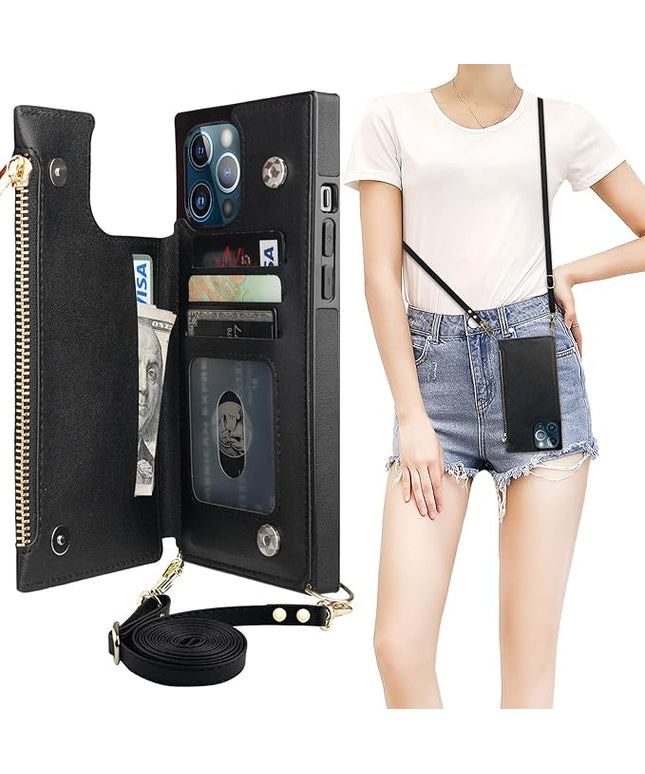 Bocasal Crossbody Wallet Case for iPhone 12 Pro Max with Card Holder,Zipper Card Slot Protector Shockproof Purse Cover with Removable Cross Body Strap 6.7 Inch(Black)