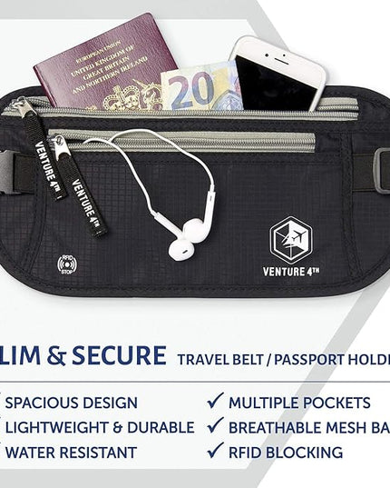 VENTURE 4TH Money Belt for Travel – Hidden Under-Clothes RFID Blocking Passport Holder & Slim Travel Wallet Pouch for Men & Women to Protect Cash, Cards & Documents (Black)