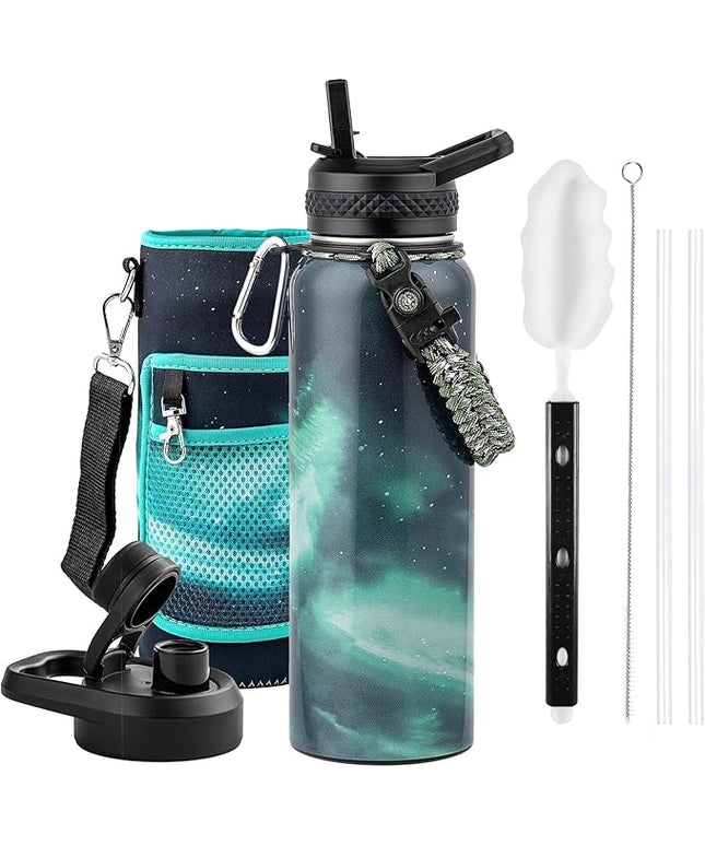 40oz Insulated Water Bottle, Triple Wall Vacuum Stainless Steel Water Bottles - Keeps Cold 48H, Reusable Metal water flask Jug for Gym, Sports, Camping, Hiking,Travel, Aurora-Green