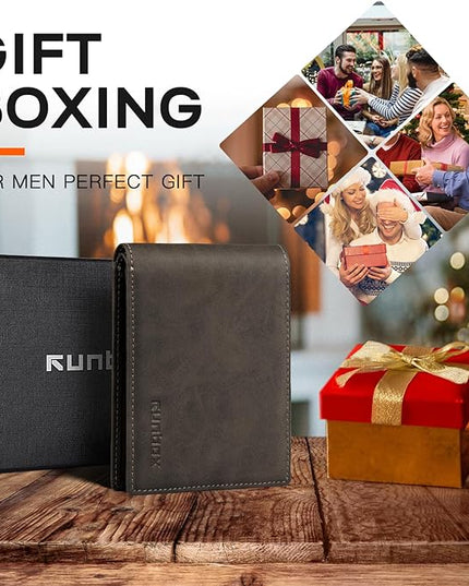 RUNBOX Wallet for Men Slim Leather Bifold RFID Blocking Minimalist Front Pocket Design with Gift Box