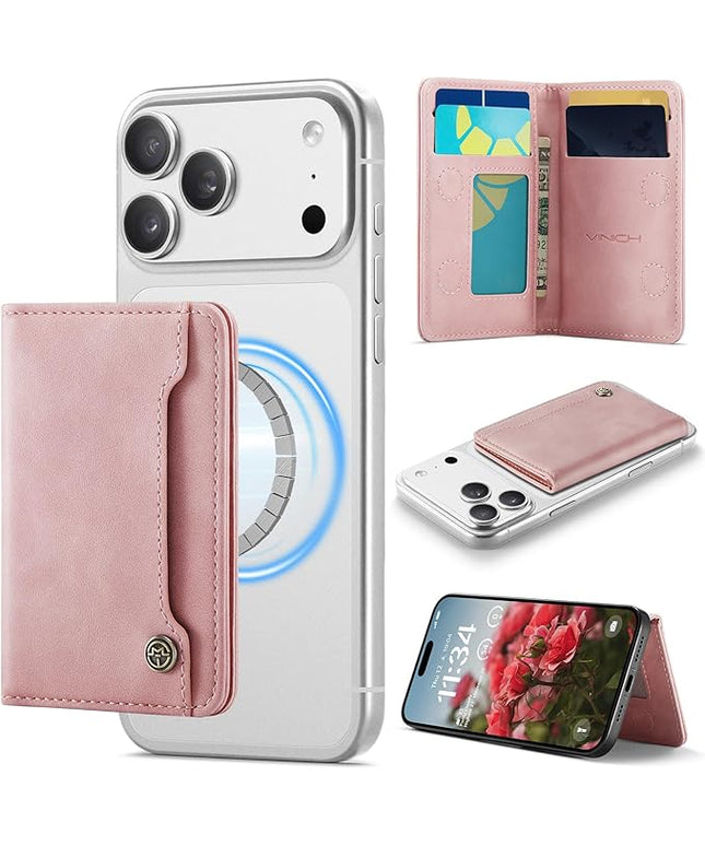 Vinich for MagSafe Wallet Magnetic RFID Blocking Card Holder Compatible with MagSafe Phones and Cases, Strong Magnet Minimalist Phone Wallet for iPhone 17/16/15/14/13/12/ Pro/Max/Plus, Rose Pink