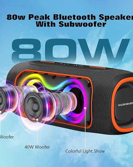MusiBaby Portable Bluetooth Speakers with Lights, 80W Loud Outdoor Wireless Speaker with Stereo Sound, IPX5 Waterproof, 24H Playtime, BT 5.3, FM, for Home/Travel/Praty Valentines Gifts (Black)