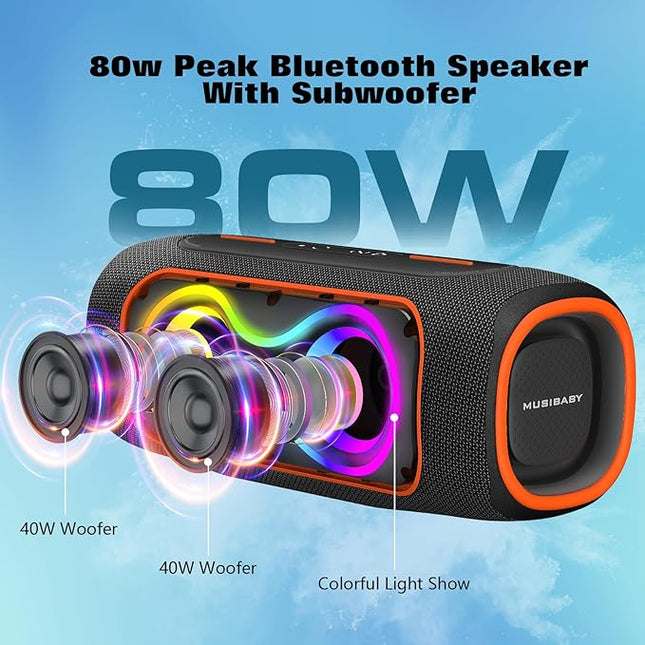 MusiBaby Portable Bluetooth Speakers with Lights, 80W Loud Outdoor Wireless Speaker with Stereo Sound, IPX5 Waterproof, 24H Playtime, BT 5.3, FM, for Home/Travel/Praty Valentines Gifts (Black)