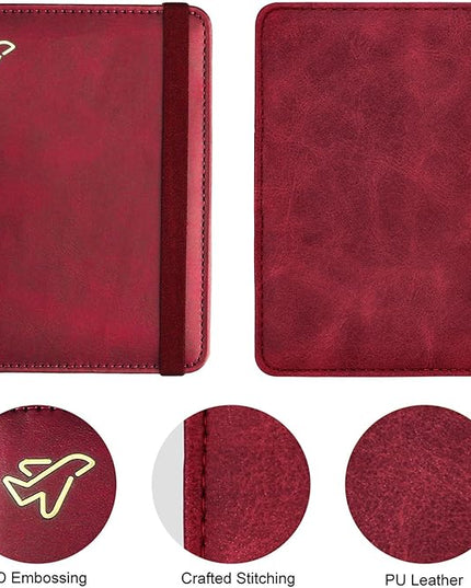 WALNEW Passport Holder for Travel, RFID Passport Cover Wallet for Women Men, PU Leather Passport Book Card Holder Case with Pen (Elastic Band Closure, C-Red)