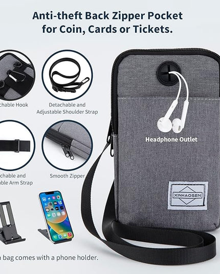 Cell Phone Purse Waist Pack Bag Travel Crossbody Bag Wristband Sport Armband Wallet with Removable Shoulder Strap (Light Grey)