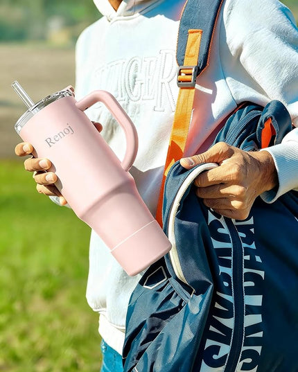 Renoj Tumbler with Handle 100% Leak Proof Insulated Water Bottle for Iced Coffee & Hot Drinks - Fits Car Cup Holder, Ideal Gift, 2 Straws & Silicone Boot BPA-Free - SnapShift Light Pink 32 oz