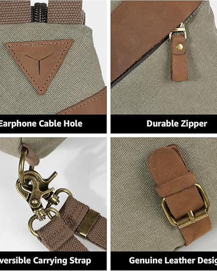 KL928 Canvas Sling Bag for Men Women, Genuine Leather Design Shoulder Crossbody Bags Backpacks Travel Daypack with Earphone Hole Rucksack, Olive Green