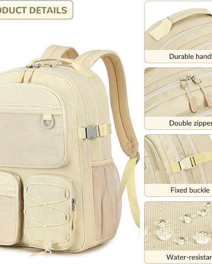 Lohol Water Resistant Backpack with Mulitiple Pockets for Travel Outdoor College, 15.6 inch Laptop Bookbag for Girl and Women (Beige)