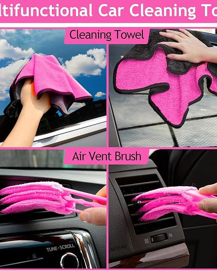 THINKWORK Pink Car Duster Interior Kit, Perfect Car Detailing Brush Kit for Cleaning Windows,Windshield,Dashboard and Air Vents Suitable for All Cars
