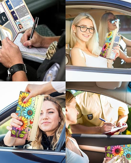 Car Registration and Insurance Holder with Magnetic Closure, Universal Document Organizer for License, Insurance Cards & Glove Box Storage (Sunflower-Colorful)