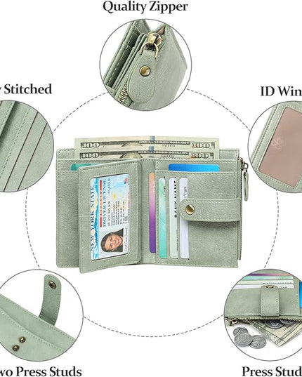 FALAN MULE Small Wallet for Women Leather RFID Blocking Bifold Credit Card Holder with Zipper Coin Pocket