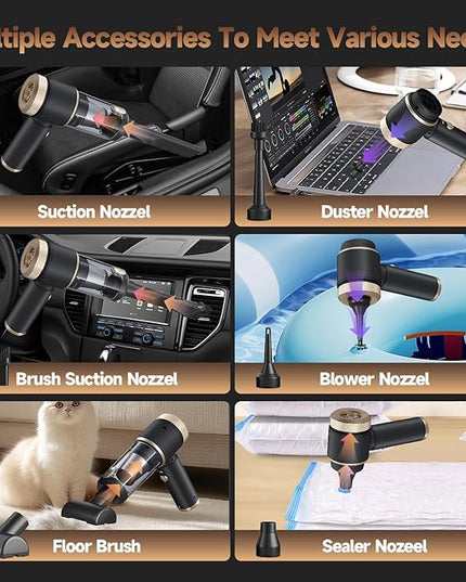 Car Vacuum Portable Cordless, Hand Vacuum with 16000PA High Power, 7 in 1 Mini Car Vacuum Cleaner with One-Click Empty, Dual Hepa Filter, LED Light, Type-C Charging Small Handheld Vac