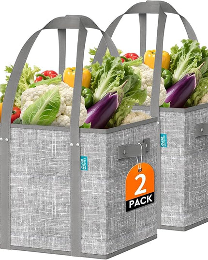 Fab totes Reusable Grocery Bags, Large Foldable Shopping Tote Bags with Reinforced Handles & Hard Bottom,Water Resistant Grocery Bags for kitchen,Picnic,2 Pack, Grey
