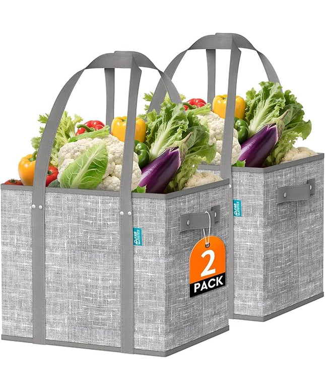 Fab totes Reusable Grocery Bags, Large Foldable Shopping Tote Bags with Reinforced Handles & Hard Bottom,Water Resistant Grocery Bags for kitchen,Picnic,2 Pack, Grey
