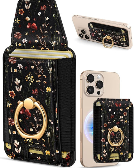 Shorogyt Compatible with Magsafe Wallet with Grip Magnetic Card Holder - Cute Phone Wallets with Ring Stand for iPhone 17/16/15/14/13/12 Series for Women Girls Retro Flower Design, Fit 7 Cards