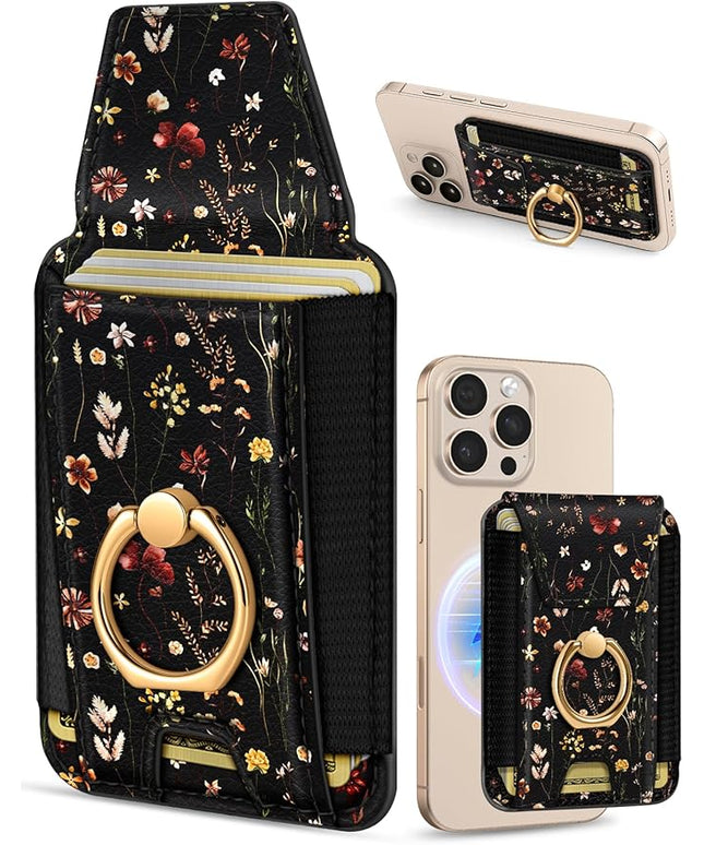 Shorogyt Compatible with Magsafe Wallet with Grip Magnetic Card Holder - Cute Phone Wallets with Ring Stand for iPhone 17/16/15/14/13/12 Series for Women Girls Retro Flower Design, Fit 7 Cards