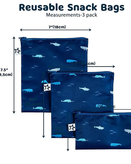 Tiny Twinkle Reusable Snack Bags for Kids – 3 Pack Snack Pouches & Sandwich Bag for Toddlers – Machine Washable, Mess-Proof for Lunch & Travel (Ocean)